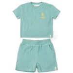 Conjunto T-shirt e Calções "Conchas e Riscas – Azul Mar"