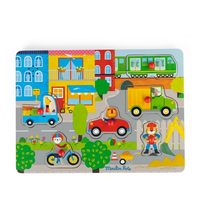 Puzzle com Som em Madeira Transportes Les Popipop - Moulin Roty - Image 1
